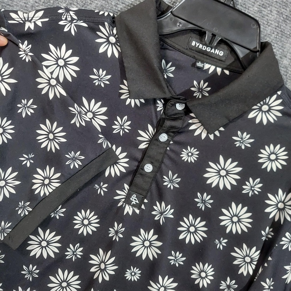 Byrdgang Polo Shirt Mens Large Black Floral Golf Performance Stretch Jersey